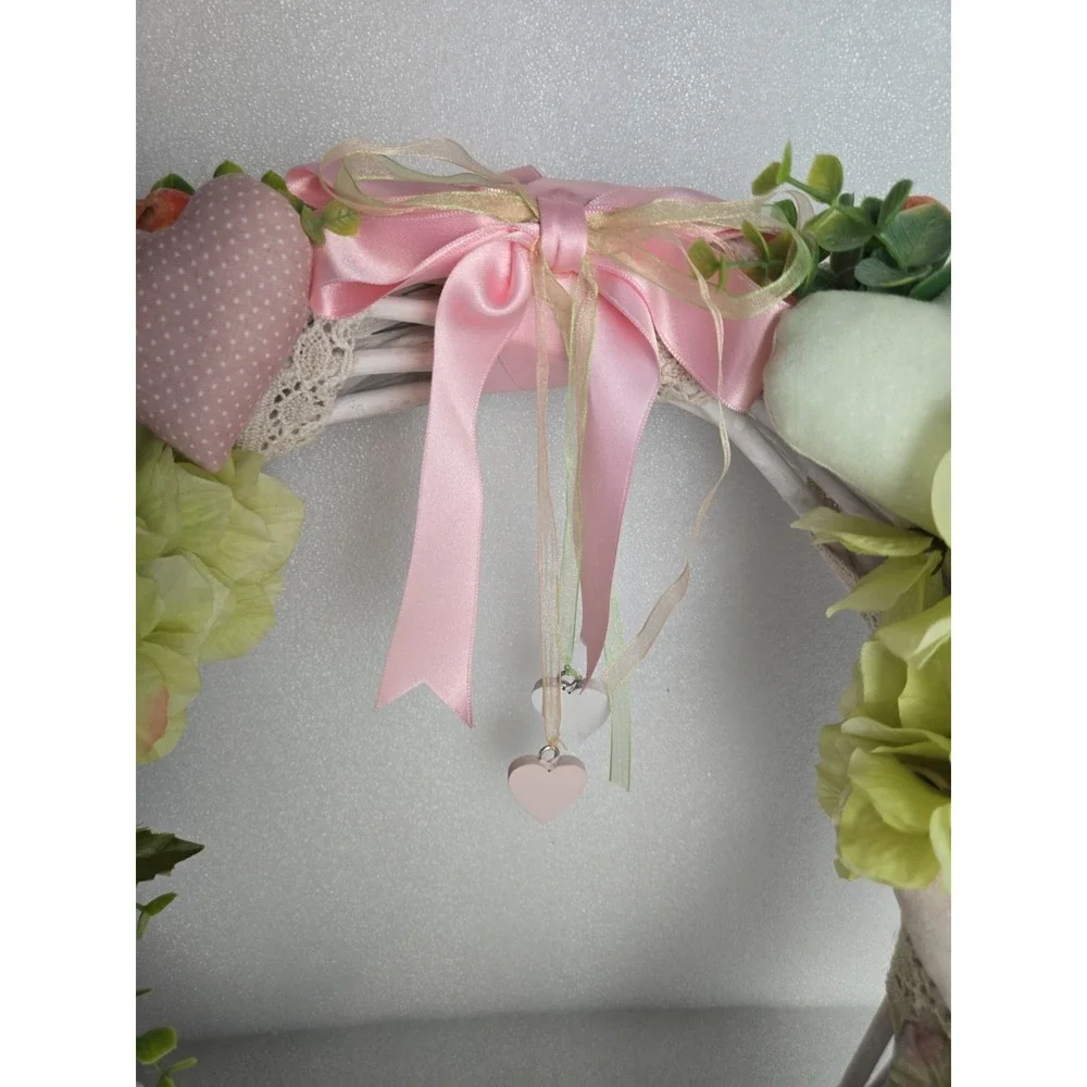 Handmade Door Wreath Love Birds Soft Pink‎ Green Spring Time Floral Wreath 15